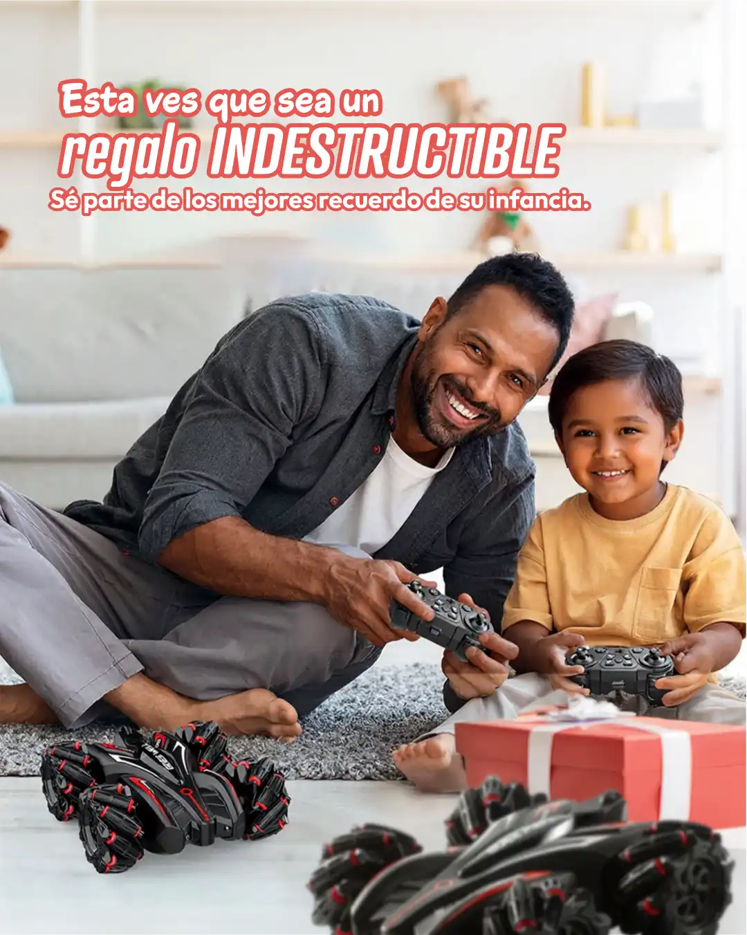 Carro indestructible con sensor de movimiento, padre e hijo disfrutando juntos jugando.