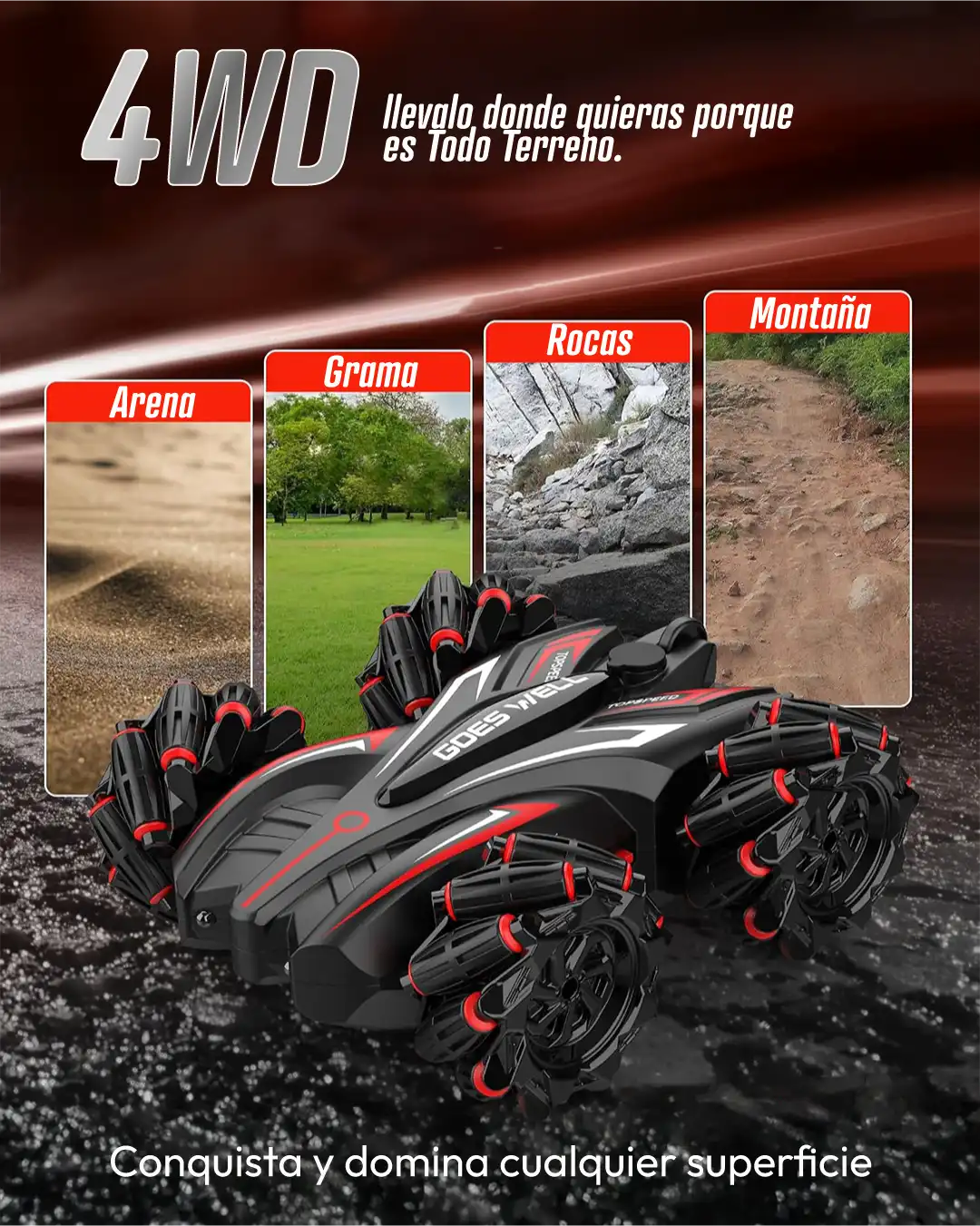 Carro Indestructible con sensor de movimiento 4WD para conquistar cualquier superficie: arena, grama, rocas y montaña.
