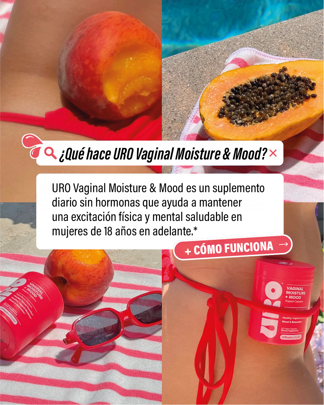 Mujer mostrando URO Intimo Moisture + Mood con frutas, resaltando su enfoque en la salud íntima y bienestar hormonal.