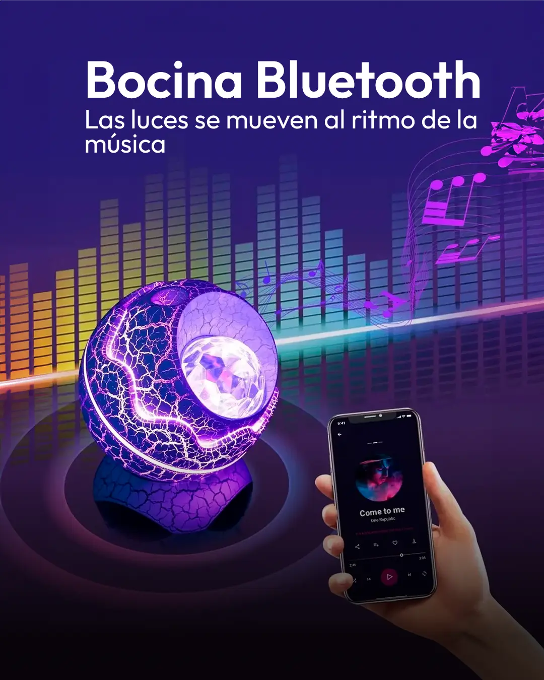proyector de huevo de dinosaurio Bocina Bluetooth con luces que se mueven al ritmo de la música, diseño esférico y colorido.