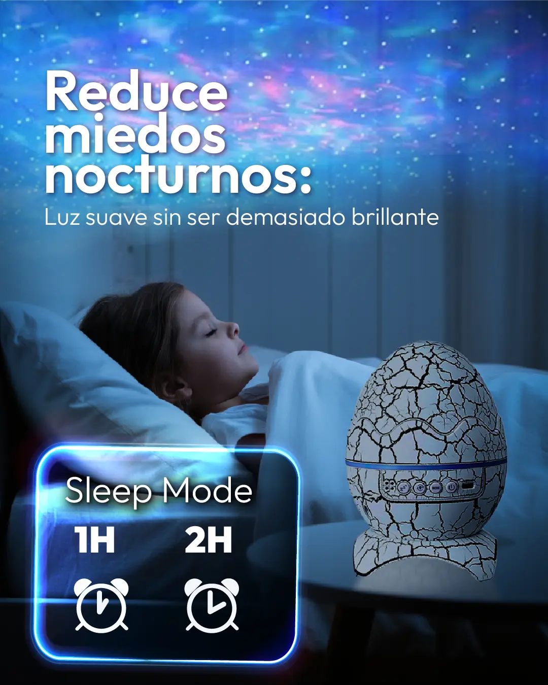 Proyector de huevo de dinosaurio en modo de sueño, luz suave para reducir miedos nocturnos.